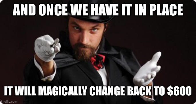 Household Magician | AND ONCE WE HAVE IT IN PLACE IT WILL MAGICALLY CHANGE BACK TO $600 | image tagged in household magician | made w/ Imgflip meme maker