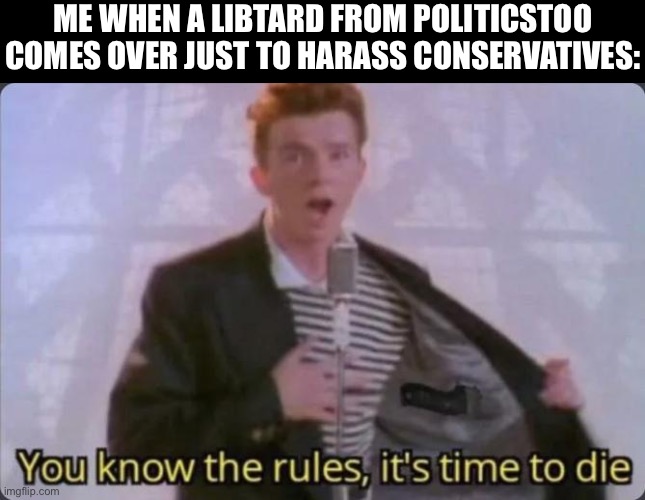 You know the rules, it's time to die | ME WHEN A LIBTARD FROM POLITICSTOO COMES OVER JUST TO HARASS CONSERVATIVES: | image tagged in you know the rules it's time to die | made w/ Imgflip meme maker