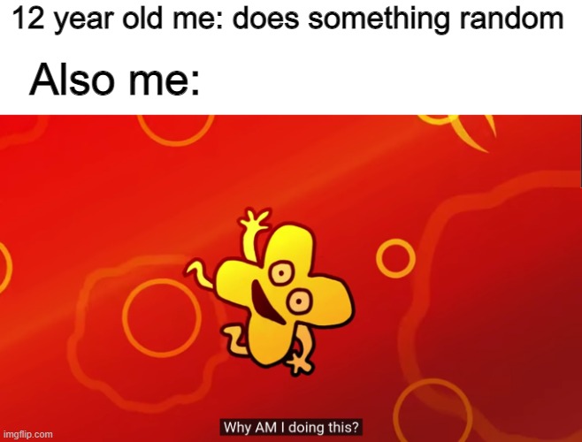 why AM I doing this x bfb |  12 year old me: does something random; Also me: | image tagged in why am i doing this x bfb | made w/ Imgflip meme maker