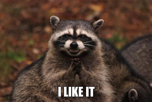 evil genius racoon | I LIKE IT | image tagged in evil genius racoon | made w/ Imgflip meme maker