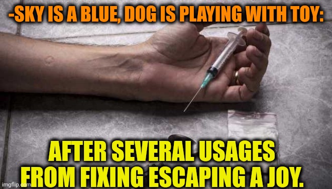-Useless for nothing. | -SKY IS A BLUE, DOG IS PLAYING WITH TOY:; AFTER SEVERAL USAGES FROM FIXING ESCAPING A JOY. | image tagged in heroin,don't do drugs,useless stuff,the search continues fixed,no escape | made w/ Imgflip meme maker