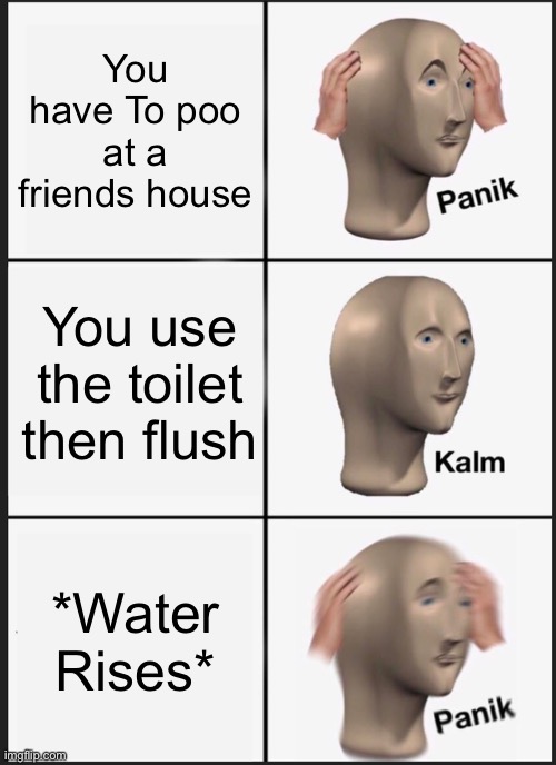 When You flush the toilet ? | You have To poo at a friends house; You use
the toilet then flush; *Water Rises* | image tagged in memes,panik kalm panik | made w/ Imgflip meme maker
