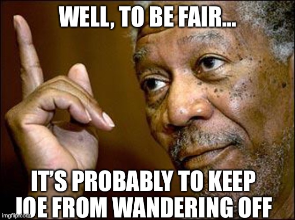 This Morgan Freeman | WELL, TO BE FAIR… IT’S PROBABLY TO KEEP JOE FROM WANDERING OFF | image tagged in this morgan freeman | made w/ Imgflip meme maker