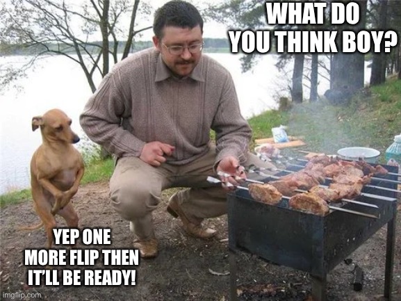 WHAT DO YOU THINK BOY? YEP ONE MORE FLIP THEN IT’LL BE READY! | image tagged in bbq,doge,funny memes | made w/ Imgflip meme maker