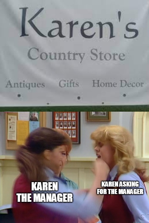War Brewing in a Store | KAREN ASKING FOR THE MANAGER; KAREN THE MANAGER | image tagged in jo hitting blair,meme,memes,karens,karen | made w/ Imgflip meme maker