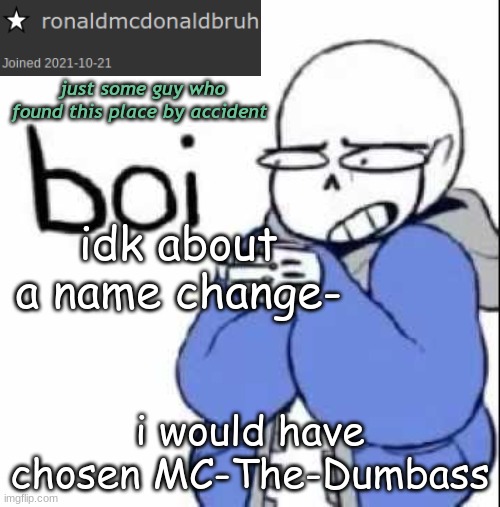 uhhh E | idk about a name change-; i would have chosen MC-The-Dumbass | image tagged in sands boi temp | made w/ Imgflip meme maker