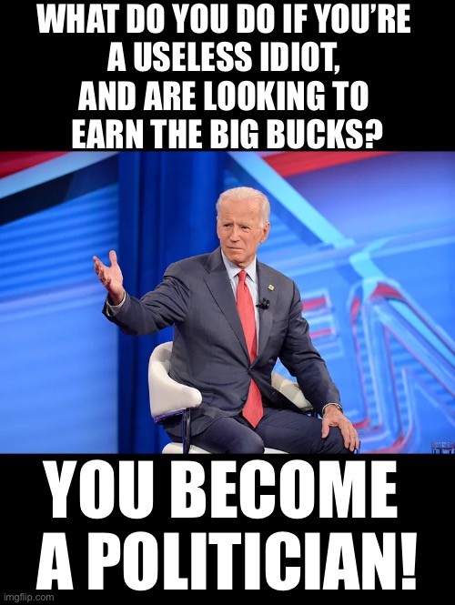 If you’re greedy — become a politician! | WHAT DO YOU DO IF YOU’RE 
A USELESS IDIOT, 
AND ARE LOOKING TO 
EARN THE BIG BUCKS? YOU BECOME 
A POLITICIAN! | image tagged in joe biden,creepy joe biden,biden,democrat party,corrupt,greedy | made w/ Imgflip meme maker