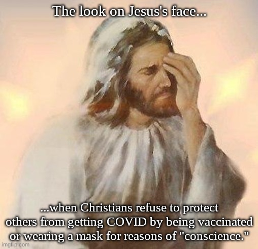 Unclear on the concept | The look on Jesus's face... ...when Christians refuse to protect others from getting COVID by being vaccinated or wearing a mask for reasons of "conscience." | image tagged in jesus facepalm | made w/ Imgflip meme maker