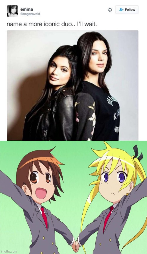 Name a more iconic duo | image tagged in name a more iconic duo,kill me baby,anime,anime meme,meme,memes | made w/ Imgflip meme maker