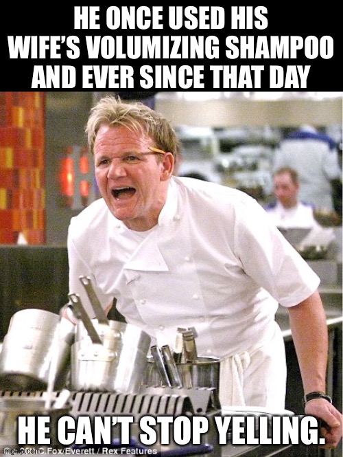 Yelling | HE ONCE USED HIS WIFE’S VOLUMIZING SHAMPOO AND EVER SINCE THAT DAY; HE CAN’T STOP YELLING. | image tagged in gordon ramsay it's raw | made w/ Imgflip meme maker