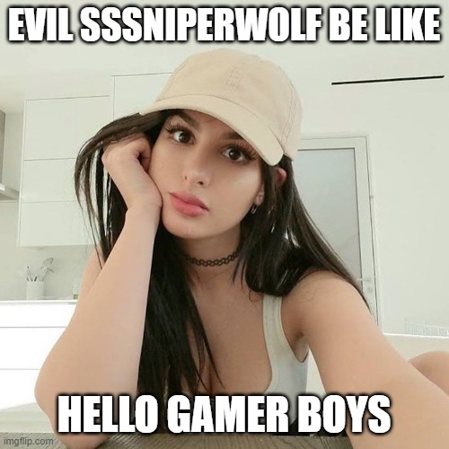 Evil SSSniperwolf | EVIL SSSNIPERWOLF BE LIKE; HELLO GAMER BOYS | image tagged in sssniperwolf,lia,youtube | made w/ Imgflip meme maker