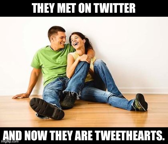 Tweet | THEY MET ON TWITTER; AND NOW THEY ARE TWEETHEARTS. | image tagged in happy couple | made w/ Imgflip meme maker