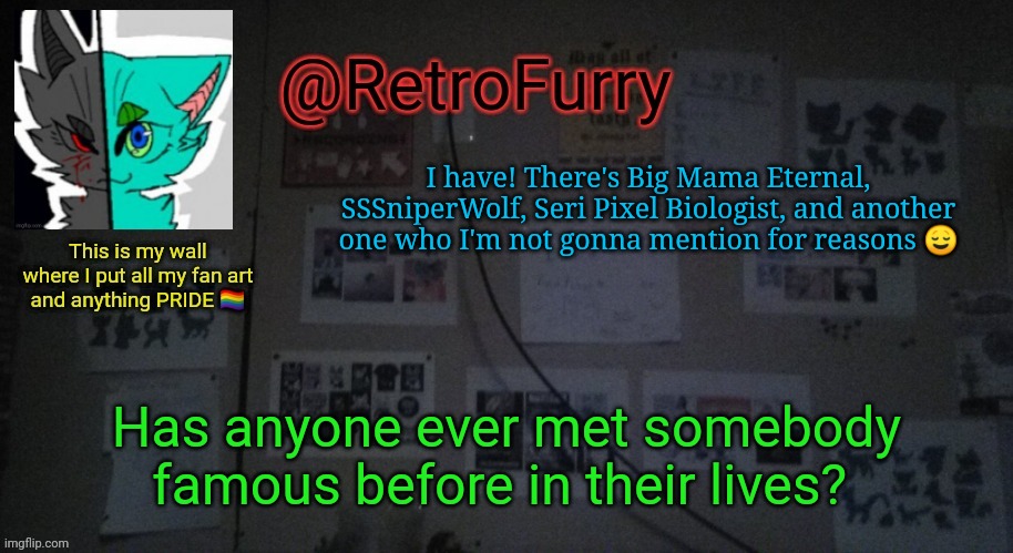 E | I have! There's Big Mama Eternal, SSSniperWolf, Seri Pixel Biologist, and another one who I'm not gonna mention for reasons 😌; Has anyone ever met somebody famous before in their lives? | image tagged in retrofurry's wall reveal announcement template | made w/ Imgflip meme maker