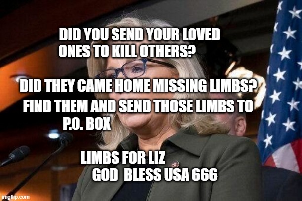 Liz Cheney | DID YOU SEND YOUR LOVED ONES TO KILL OTHERS?                                       DID THEY CAME HOME MISSING LIMBS? FIND THEM AND SEND THOSE LIMBS TO P.O. BOX                                                                       
                          LIMBS FOR LIZ                                     
            GOD  BLESS USA 666 | image tagged in liz cheney | made w/ Imgflip meme maker