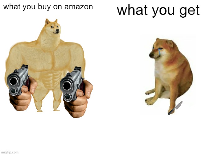 Buff Doge vs. Cheems | what you buy on amazon; what you get | image tagged in memes,buff doge vs cheems | made w/ Imgflip meme maker
