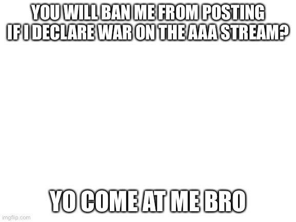Pretty smart you don’t allow anonymous posts |  YOU WILL BAN ME FROM POSTING IF I DECLARE WAR ON THE AAA STREAM? YO COME AT ME BRO | image tagged in blank white template | made w/ Imgflip meme maker