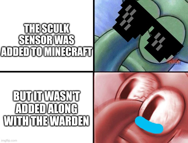 SquidWard Thinking About Minecraft | THE SCULK SENSOR WAS ADDED TO MINECRAFT; BUT IT WASN'T ADDED ALONG WITH THE WARDEN | image tagged in sleeping squidward,minecraft | made w/ Imgflip meme maker