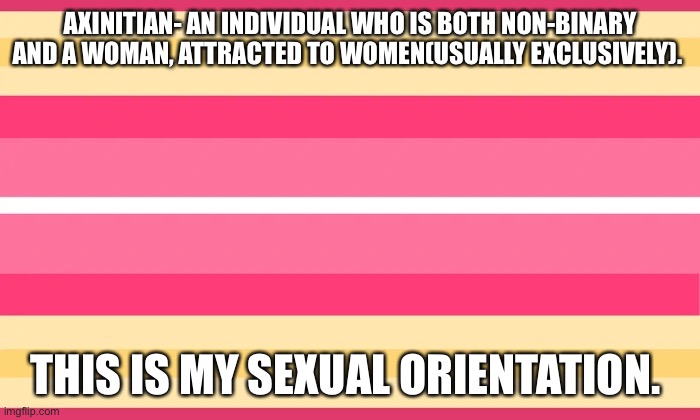 It’s kinda borderline if it should be here IMO |  AXINITIAN- AN INDIVIDUAL WHO IS BOTH NON-BINARY AND A WOMAN, ATTRACTED TO WOMEN(USUALLY EXCLUSIVELY). THIS IS MY SEXUAL ORIENTATION. | made w/ Imgflip meme maker