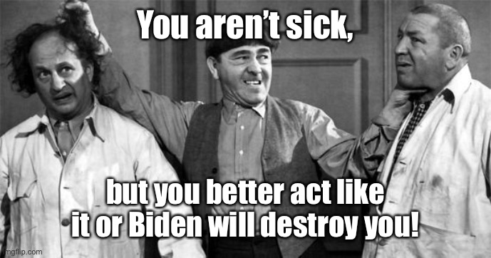 Three Stooges | You aren’t sick, but you better act like it or Biden will destroy you! | image tagged in three stooges | made w/ Imgflip meme maker