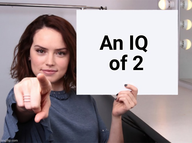 Daisy Ridley with a blank sign pointing at you (tilt corrected) | An IQ 
of 2 | image tagged in daisy ridley with a blank sign pointing at you tilt corrected | made w/ Imgflip meme maker
