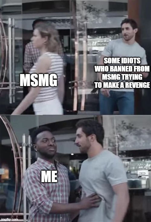 Black guy blocking the way | SOME IDIOTS WHO BANNED FROM MSMG TRYING TO MAKE A REVENGE; MSMG; ME | image tagged in black guy blocking the way | made w/ Imgflip meme maker