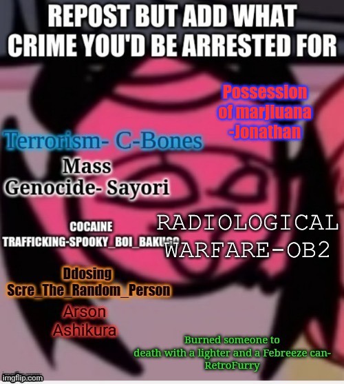 Possession of marjiuana
-Jonathan | made w/ Imgflip meme maker