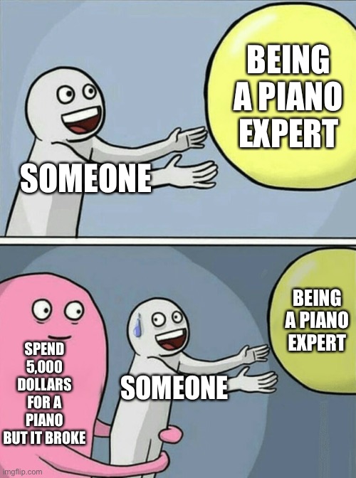 Running Away Balloon Meme | BEING A PIANO EXPERT; SOMEONE; BEING A PIANO EXPERT; SPEND 5,000 DOLLARS FOR A PIANO BUT IT BROKE; SOMEONE | image tagged in memes,running away balloon | made w/ Imgflip meme maker