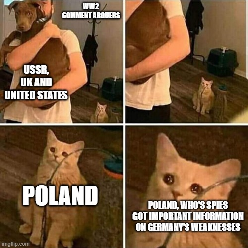 Sad Cat Holding Dog | WW2 COMMENT ARGUERS; USSR, UK AND UNITED STATES; POLAND; POLAND, WHO'S SPIES GOT IMPORTANT INFORMATION ON GERMANY'S WEAKNESSES | image tagged in sad cat holding dog | made w/ Imgflip meme maker