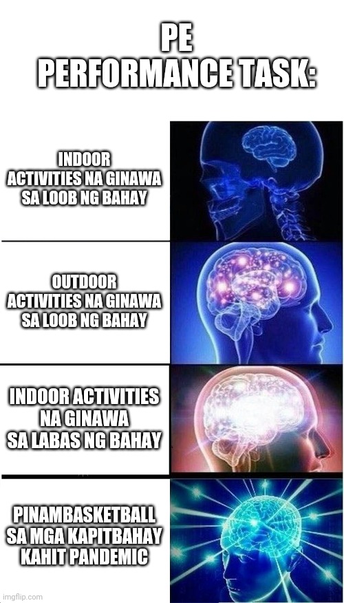 Expanding Brain Meme | INDOOR ACTIVITIES NA GINAWA SA LOOB NG BAHAY OUTDOOR ACTIVITIES NA GINAWA SA LOOB NG BAHAY INDOOR ACTIVITIES NA GINAWA SA LABAS NG BAHAY PIN | image tagged in memes,expanding brain | made w/ Imgflip meme maker