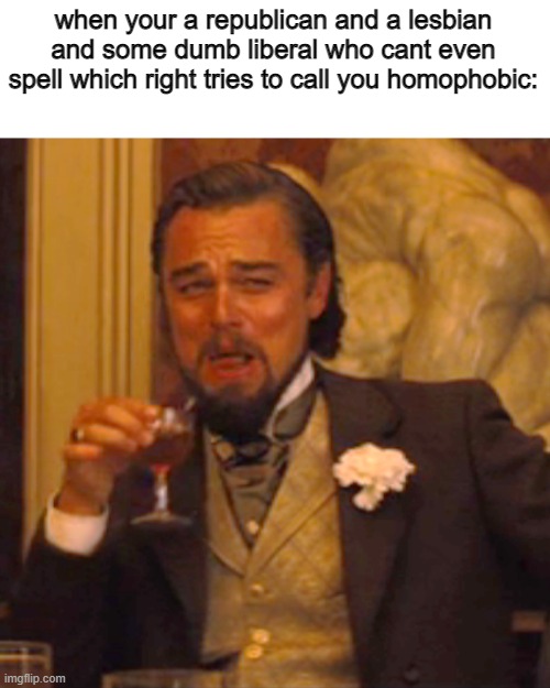 what the actual hell XD | when your a republican and a lesbian and some dumb liberal who cant even spell which right tries to call you homophobic: | image tagged in memes,laughing leo,funny,lesbian,conservatives,irony | made w/ Imgflip meme maker
