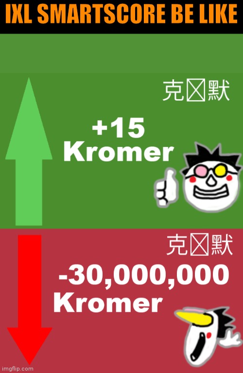 Ixl learning sucks | IXL SMARTSCORE BE LIKE | image tagged in 15 kromer,-30 000 000 kromer | made w/ Imgflip meme maker