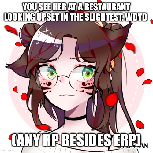 Roleplay cuz I’m bored | YOU SEE HER AT A RESTAURANT LOOKING UPSET IN THE SLIGHTEST. WDYD; (ANY RP BESIDES ERP) | image tagged in roleplaying | made w/ Imgflip meme maker