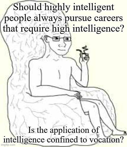 Big Brain Wojak | Should highly intelligent people always pursue careers that require high intelligence? Is the application of intelligence confined to vocation? | image tagged in big brain wojak | made w/ Imgflip meme maker