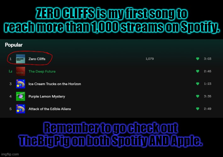 Thanks for listening to my horrible music. | ZERO CLIFFS is my first song to reach more than 1,000 streams on Spotify. Remember to go check out TheBigPig on both Spotify AND Apple. | image tagged in funny,memes | made w/ Imgflip meme maker
