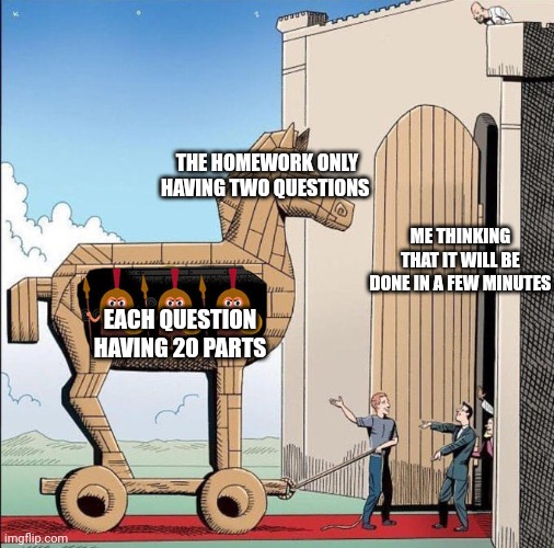 Homework in a nutshell | THE HOMEWORK ONLY HAVING TWO QUESTIONS; ME THINKING THAT IT WILL BE DONE IN A FEW MINUTES; EACH QUESTION HAVING 20 PARTS | image tagged in trojan horse | made w/ Imgflip meme maker