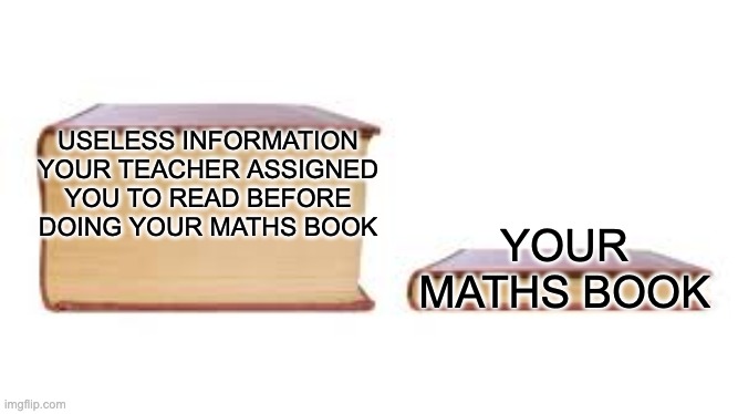 Big book small book | USELESS INFORMATION YOUR TEACHER ASSIGNED YOU TO READ BEFORE DOING YOUR MATHS BOOK; YOUR MATHS BOOK | image tagged in big book small book | made w/ Imgflip meme maker