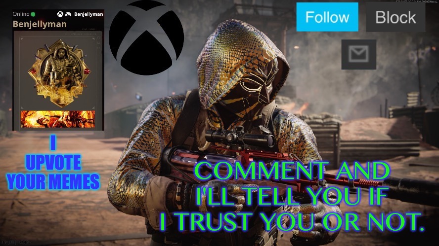 Announcement temp 2 | COMMENT AND I'LL TELL YOU IF I TRUST YOU OR NOT. | image tagged in announcement temp 2 | made w/ Imgflip meme maker