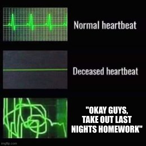 *Freaks out* | "OKAY GUYS, TAKE OUT LAST NIGHTS HOMEWORK" | image tagged in heartbeat rate | made w/ Imgflip meme maker