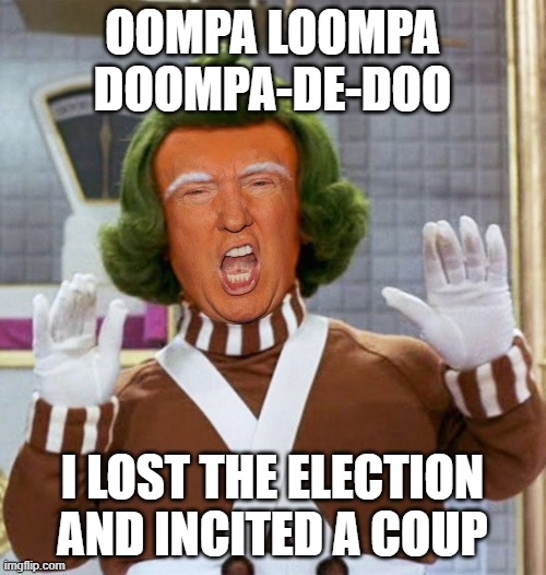 Trumpa Lumpa | OOMPA LOOMPA DOOMPA-DE-DOO; I LOST THE ELECTION AND INCITED A COUP | image tagged in coup,trumpniks,insurrection,failure | made w/ Imgflip meme maker
