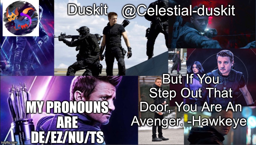 Duskit’s hawkeye temp | MY PRONOUNS ARE DE/EZ/NU/TS | image tagged in duskit s hawkeye temp | made w/ Imgflip meme maker
