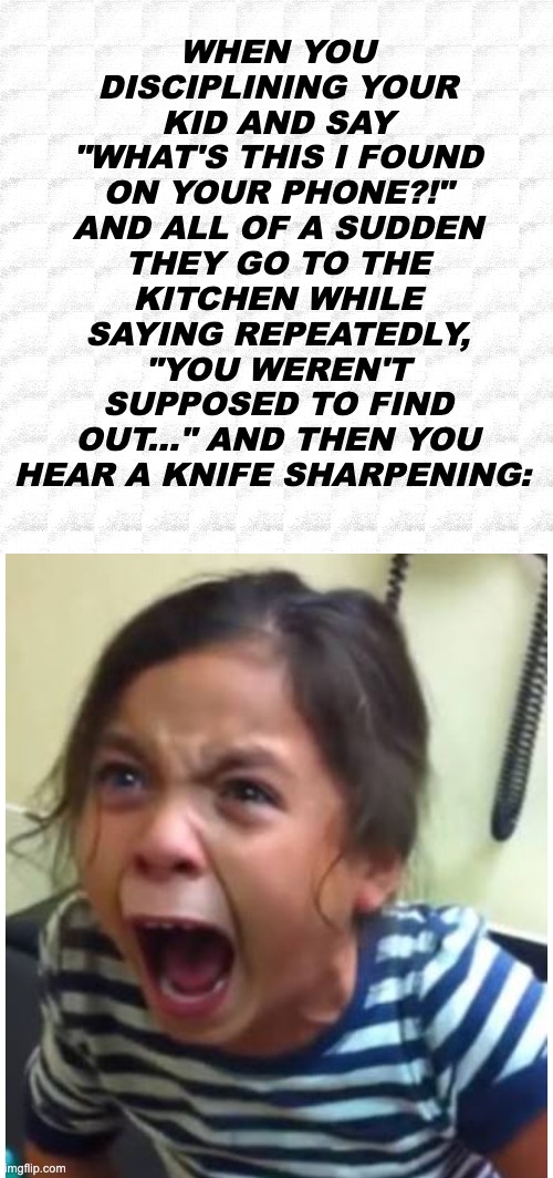 WHEN YOU DISCIPLINING YOUR KID AND SAY "WHAT'S THIS I FOUND ON YOUR PHONE?!" AND ALL OF A SUDDEN THEY GO TO THE KITCHEN WHILE SAYING REPEATEDLY, "YOU WEREN'T SUPPOSED TO FIND OUT..." AND THEN YOU HEAR A KNIFE SHARPENING: | image tagged in screaming girl | made w/ Imgflip meme maker