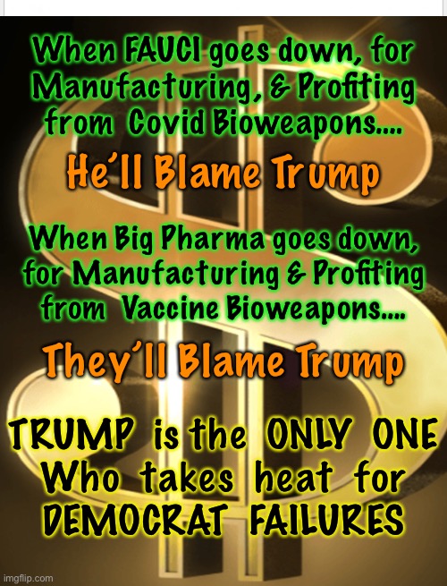 Trump did it.  Not Fauci. Not Big Pharma. Not Gates.  - Trump - | When FAUCI goes down, for
Manufacturing, & Profiting
from  Covid Bioweapons…. He’ll Blame Trump; When Big Pharma goes down,
for Manufacturing & Profiting
from  Vaccine Bioweapons…. They’ll Blame Trump; TRUMP  is the  ONLY  ONE
Who  takes  heat  for
DEMOCRAT  FAILURES | image tagged in memes,fauci,trump,big pharma,plandemic,scamdemic | made w/ Imgflip meme maker