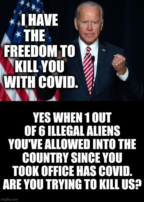 Finally The Truth | I HAVE THE     FREEDOM TO KILL YOU  WITH COVID. YES WHEN 1 OUT OF 6 ILLEGAL ALIENS YOU'VE ALLOWED INTO THE COUNTRY SINCE YOU TOOK OFFICE HAS COVID. ARE YOU TRYING TO KILL US? | image tagged in memes,politics,joe biden,i'll kill you,covid,oh well | made w/ Imgflip meme maker