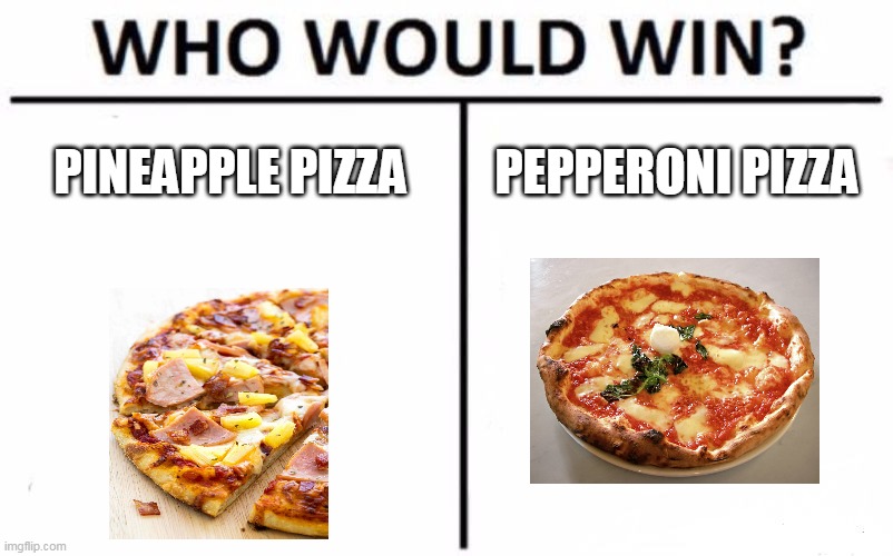 i like pineapple.What do u like? |  PINEAPPLE PIZZA; PEPPERONI PIZZA | image tagged in memes,who would win | made w/ Imgflip meme maker