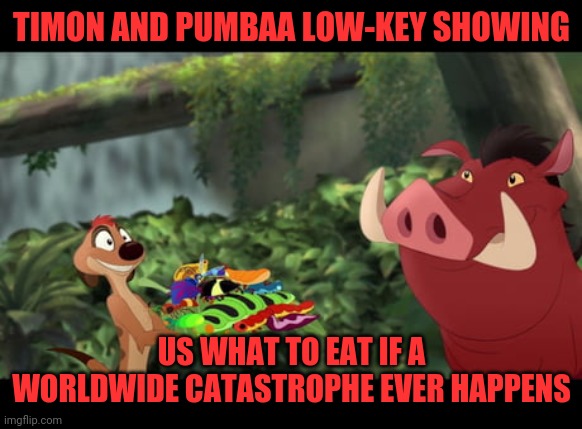 Eat the bugs | TIMON AND PUMBAA LOW-KEY SHOWING; US WHAT TO EAT IF A WORLDWIDE CATASTROPHE EVER HAPPENS | image tagged in timon and pumbaa,bugs,eat,hungry,dank | made w/ Imgflip meme maker