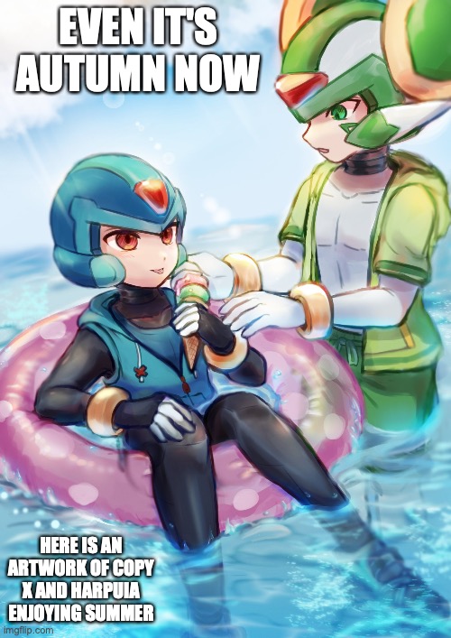 Copy X and Harpuia in Summer | EVEN IT'S AUTUMN NOW; HERE IS AN ARTWORK OF COPY X AND HARPUIA ENJOYING SUMMER | image tagged in megaman,megaman zero,memes | made w/ Imgflip meme maker