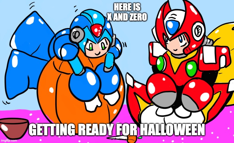 Reploids With Pumpkin | HERE IS X AND ZERO; GETTING READY FOR HALLOWEEN | image tagged in megaman,megaman x,memes | made w/ Imgflip meme maker