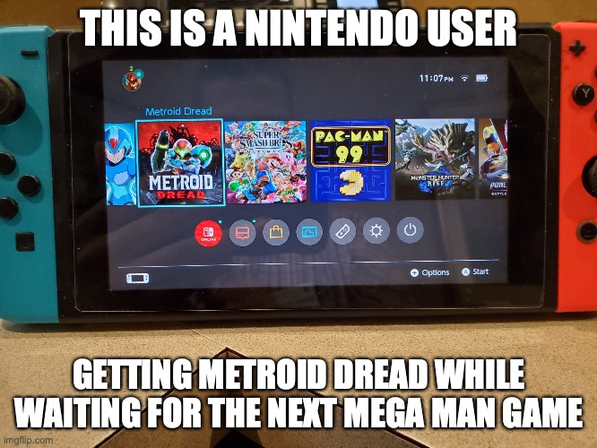 Metroid Dread on Nintendo Switch | THIS IS A NINTENDO USER; GETTING METROID DREAD WHILE WAITING FOR THE NEXT MEGA MAN GAME | image tagged in nintendo switch,metroid,gaming,memes | made w/ Imgflip meme maker