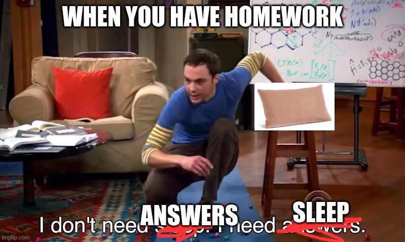 I don't need sleep I need answers | WHEN YOU HAVE HOMEWORK; ANSWERS; SLEEP | image tagged in i don't need sleep i need answers | made w/ Imgflip meme maker
