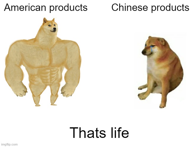 Buff Doge vs. Cheems | American products; Chinese products; Thats life | image tagged in memes,buff doge vs cheems | made w/ Imgflip meme maker